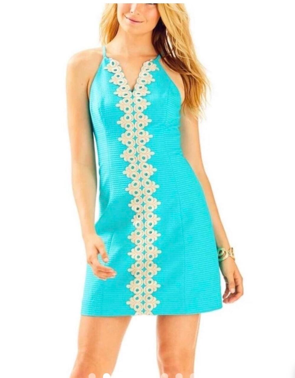 Lilly Pulitzer Pearl Seaside Aqua Halter Shift Dress Metallic Gold Trim Size 2